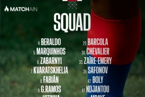 巴黎客战里昂大名单：K77领衔，阿什拉夫、登贝莱、门德斯缺席